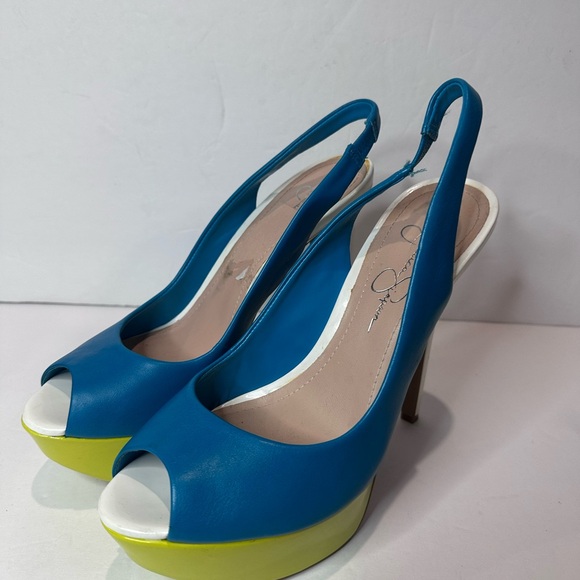 Jessica Simpson Blue and Yellow Slingback Heels - Picture 4 of 6